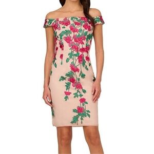 Adrianna Papell Beige Nude With Magenta Cascading Florals Off The Shoulder Dress